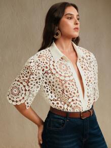 Anewsta Elegant Hollow Design Short Sleeve Blouse