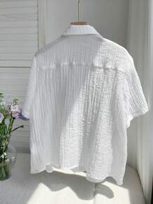 Comfortcana Women's Summer Solid Color Short Sleeve Applique Decoration Single Row Button Shirt - White - View 2