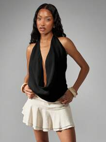 MISSGUIDED 优雅雪纺露背上衣 深 V 领 垂坠前部 夜店派对 俱乐部 舞蹈节场合 露背上衣 - 黑色 - 查看 1