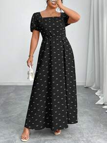 Elenzga Plus Size Women's Elegant Black And White Printed Midi Dress,Loose Comfortable Summer Outfit,Versatile For Tea Party,Gathering,Chinese Style,Vacation - Black - View 8