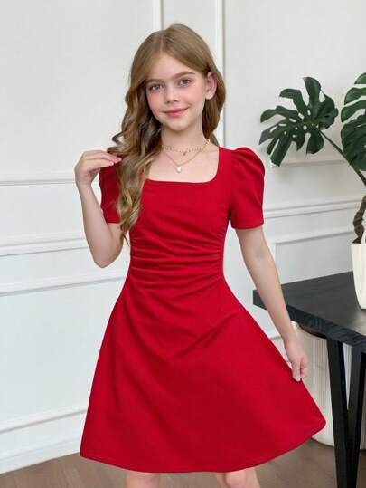 SHEIN Tween Girls 优雅羊腿袖方领纯红色短款灯笼袖 A 字裙，适合日常穿着、休闲场合、优雅派对或生日派对