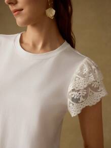 MOTF PREMIUM CONTRAST EMBROIDERY MESH LAYERED FLUTTER SLEEVE SOLID T-SHIRT