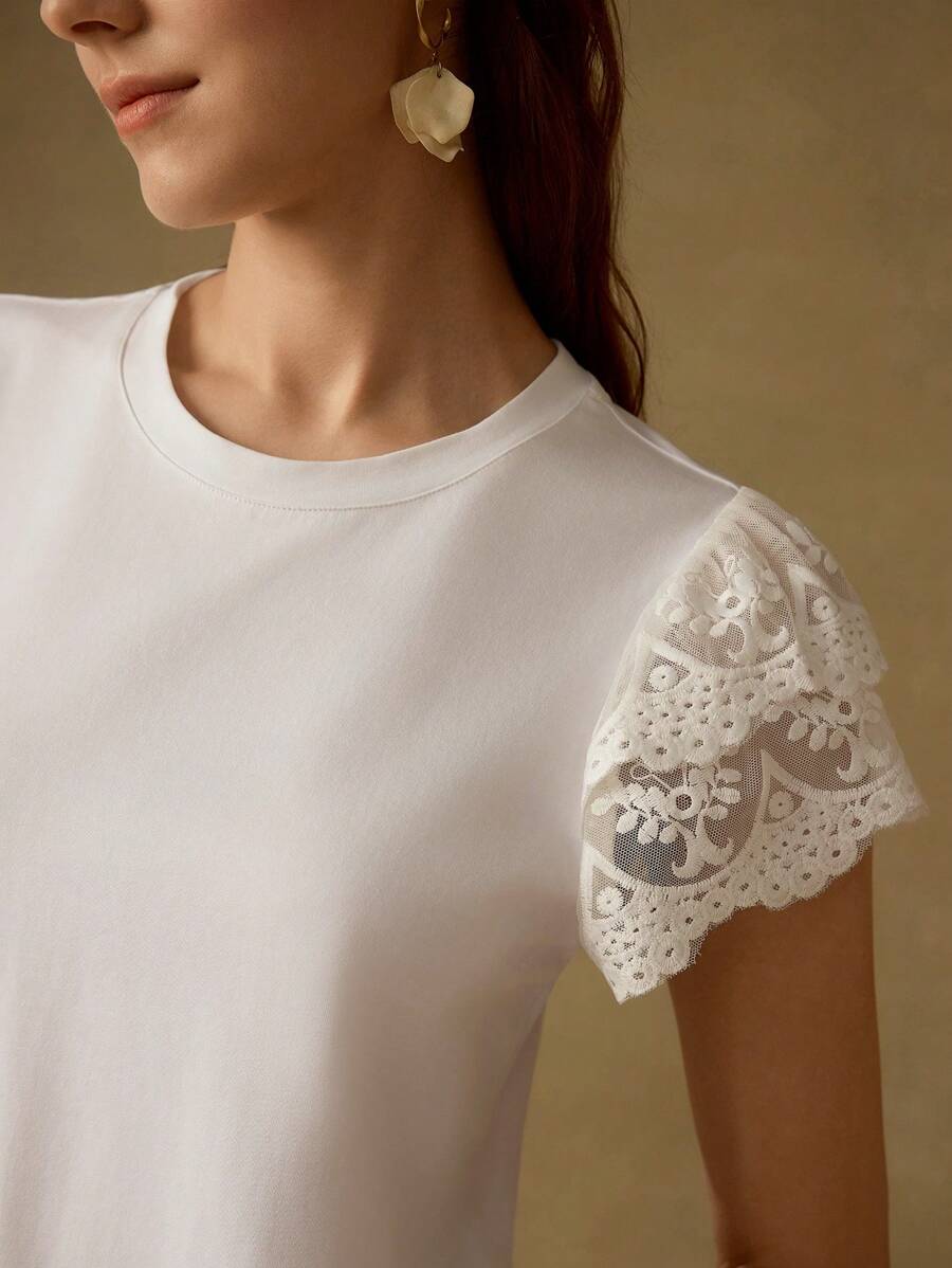 MOTF PREMIUM 撞色刺绣网眼层叠荷叶袖纯色T恤 - 白色 - 查看 2