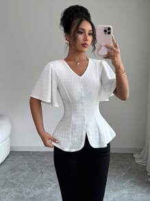 Elenzga Camiseta elegante de unicolor con mangas de volantes y cuello en V con textura, blusa de corte peplum adecuada para vacaciones de primavera/verano