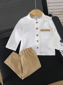 SHEIN Vintaside Kids 2件/組 嬰兒男童白色秋季端莊家庭套裝 立領鈕扣口袋襯衫搭配鬆緊腰短褲 休閒復古夏季穿搭 - 卡其色 - 查看 4