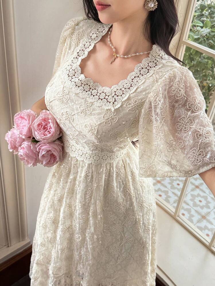 French Style Lace Square Neck Loose Cinched Waist Dress For Women, Summer