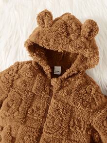 SHEIN 新生儿男女宝宝可爱卡通图案毛绒连帽连体衣，保暖内衬，适合秋冬季室内外穿着，泰迪熊图案，婴儿服装，秋季款 - 卡其色 - 查看 6