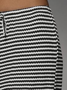 MISSGUIDED Wide Leg Stripe Lounge Pants Textured Knit Drawstring Palazzo Long Trousers Relaxed Fit Fall Winter Casual Wear - Black and White - View 6