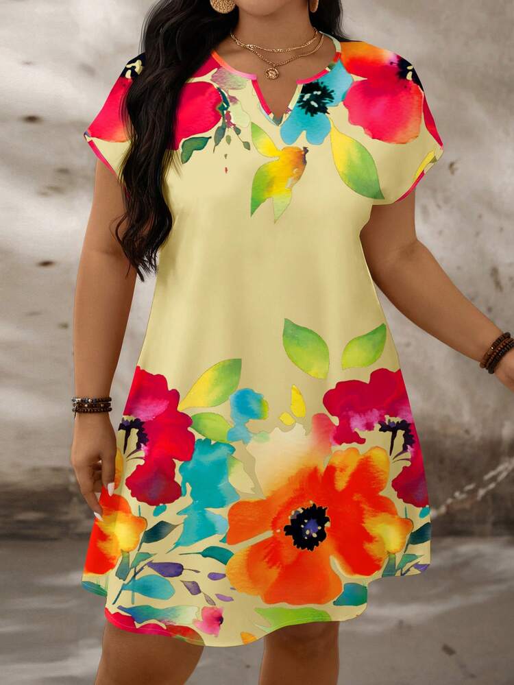 Plus Size Floral Print Notch V-Neck Batwing Sleeve Summer Dress