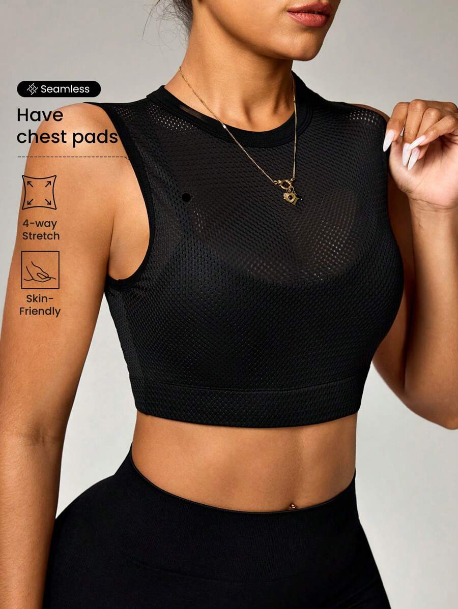 SHEIN Sports 无缝高弹力运动T恤和背心，纯色，夏季时尚 - 黑色 - 查看 1