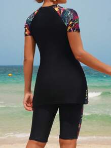 Swim Mulvari 2-Piece Outfit - Women's Round Neck Short Sleeve Bodycon Dress & Solid Color Shorts Beach Bikini Set For Summer Beach Vacation