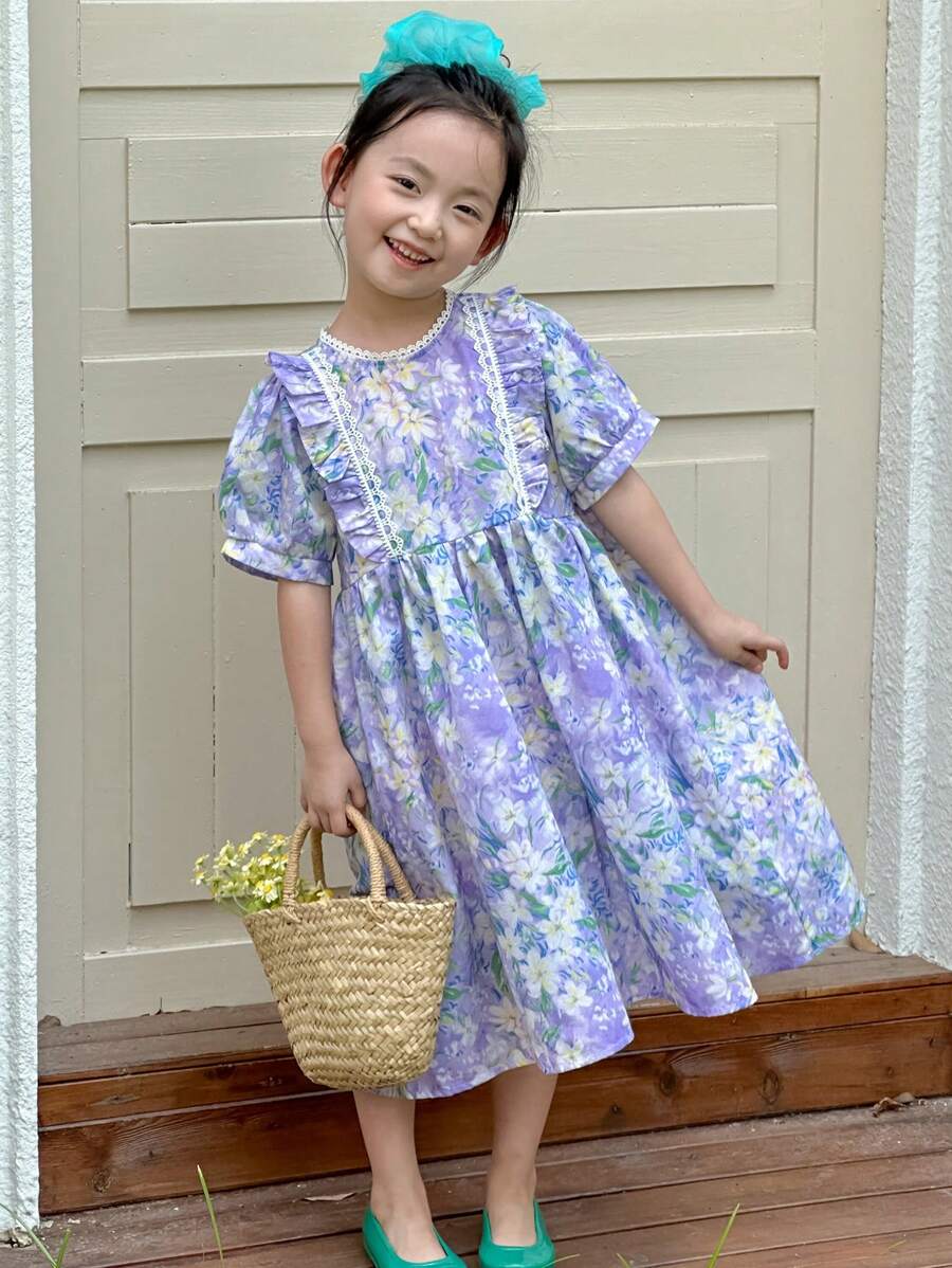 DAZY Young Girls Summer All-Over Floral Print Sweet Korean Style Dress - Mauve Purple - View 1