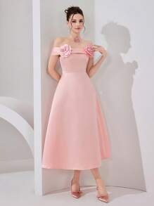 Poshira Vestido midi de mujer de silueta ajustada, con estampado floral, hombros descubiertos y diseño con adornos, elegante para vestidos de gala - Rosa - Ver 7