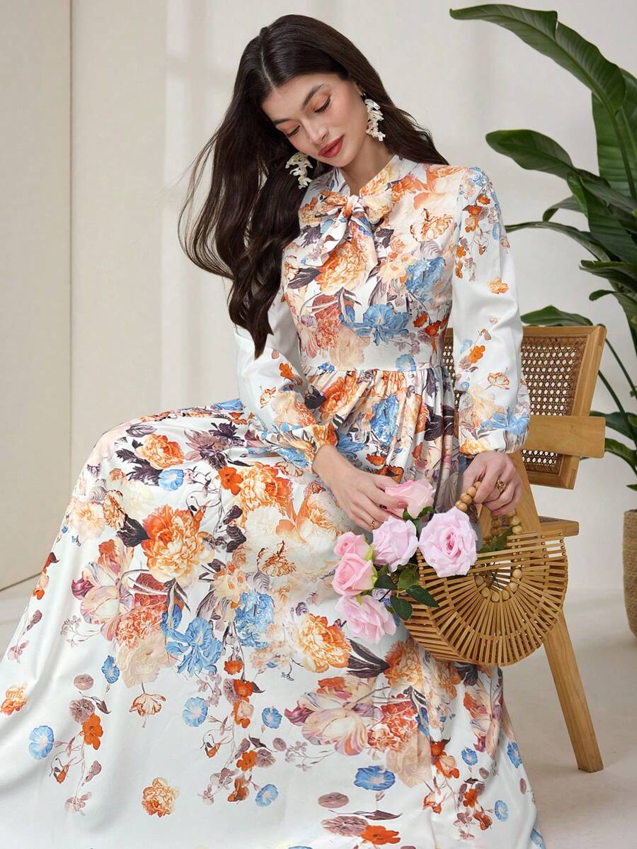 Modelyn Damen Kleid mit zufälligem Aufdruck und Langarm