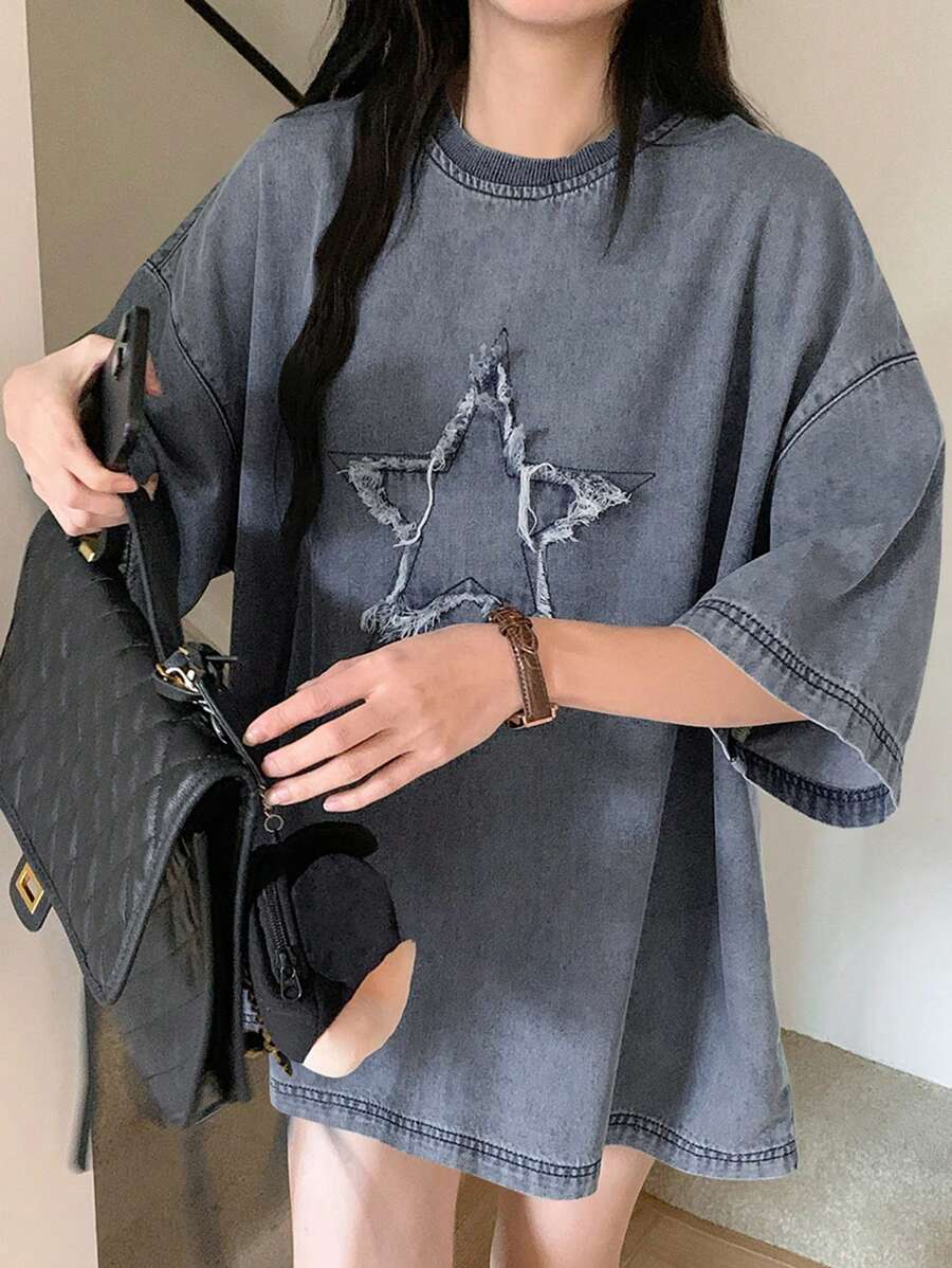 DAZY Áo cánh denim thường ngày cổ tròn tay ngắn mùa hè dành cho nữ có họa tiết ngôi sao 3D, dáng rộng cho bé gái tuổi teen - Rửa nhẹ - Xem 1