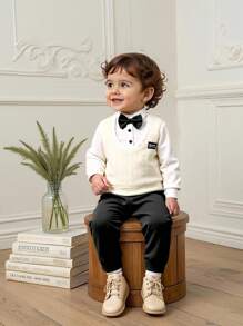 Souflis Souflis Baby Boys' Button Closure Long Sleeve 2-In-1 Sweatshirt And Pants With Detachable Bow Tie, Gentleman Style Academy Outfits, 3pcs/Set - Black and White - View 5