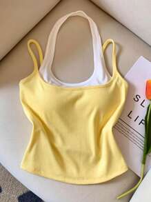 INAWLY Plus Size Summer Casual Contrast Color Sleeveless Top - Yellow - View 1