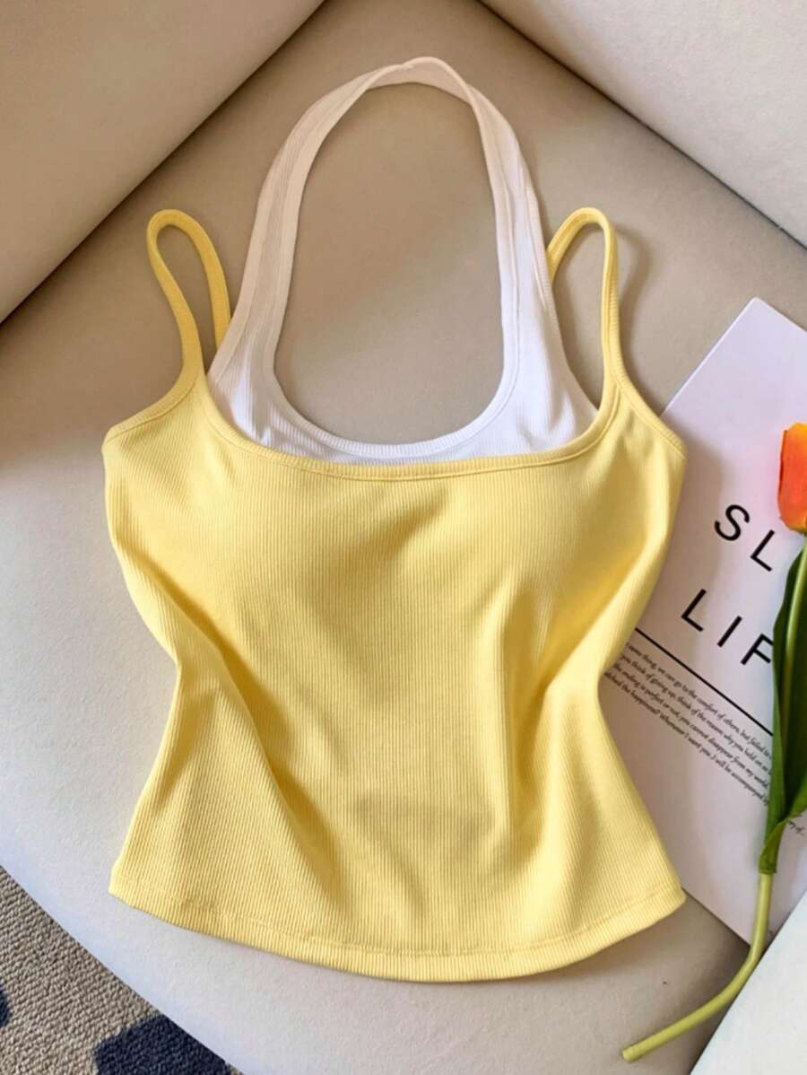 INAWLY Plus Size Summer Casual Contrast Color Sleeveless Top - Yellow - View 1