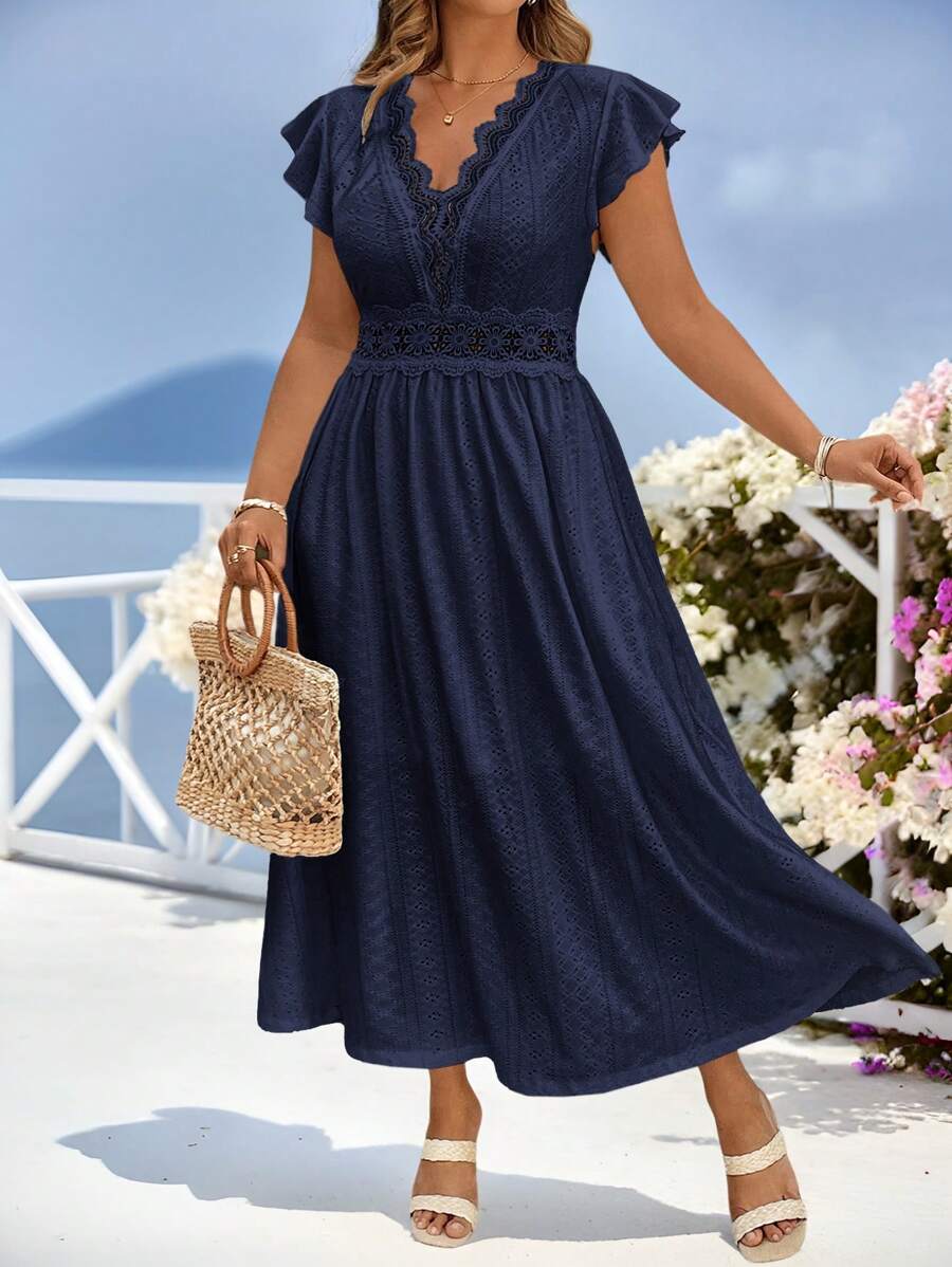 SHEIN Clasi Plus Size Women Lace Patchwork Elastic Knit Dress, Spring/Summer, White, A-Line, Cap Sleeve,Summer Dresses For Women - Navy Blue - View 1