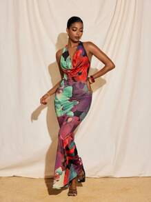 TIYA Summer Vacation Floral Print Colorful Halter Cowl Neck Tie Neck Backless Mermaid Maxi Dress