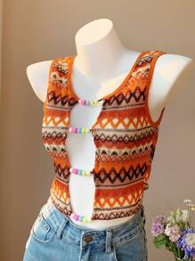 Comfortcana Allover Print Beaded Hollow Vacation Style Round Neck Tank Top - Multicolor - View 3