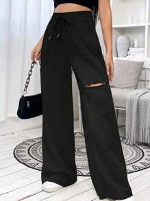 SHEIN EZwear 女式黑色抽绳腰阔腿休闲运动裤 - 黑色 - 查看 4