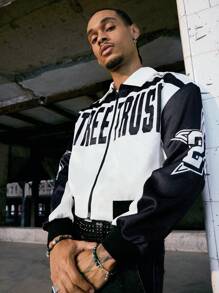 PAVTROS Manfinity Streetrush 男士撞色字母印花短款飞行员夹克，Y2K 拉链图案街头服饰，嘻哈街头风，男友礼物，秋季款 - 黑與白 - 查看 3