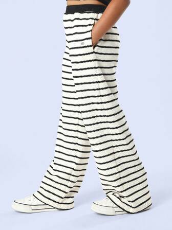 SUMWON Weitbeinige gestrickte Hose mit horizontalen gestreiften Rippen als Loungewear, Palazzohose für Herbst/Winter, kuschelig weich für Teenager