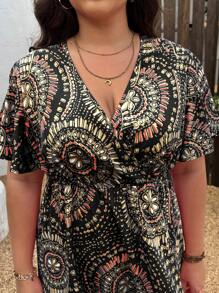 SHEIN Clasi Plus Size All-Over Print Short Sleeve Casual Vacation Dress - Black - View 8