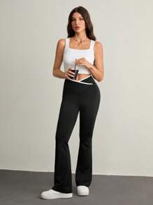 SHEIN Tall 女士不对称腰部喇叭休闲裤 - 黑色 - 查看 7