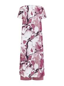 Ellevyn Women's Elegant Design 2pcs Set Round Neck Short Sleeve Allover Print Split Top And Comfortable Wide-Leg Pants - Multicolor - View 2