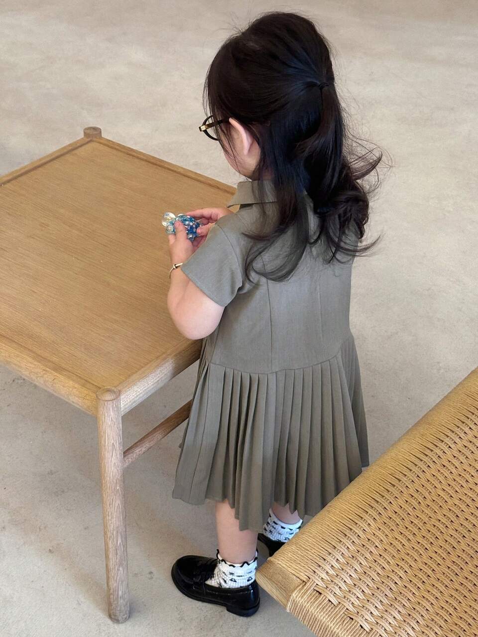 Baby Girl Regular Collar Solid Color Pleated Mid-Length Short Sleeve Dress