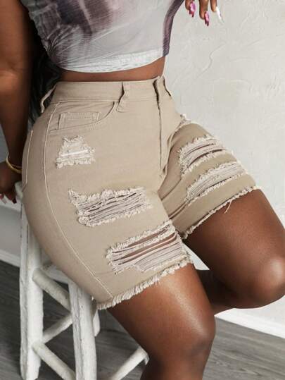 Slaydiva 大码女式口袋做旧毛边休闲牛仔短裤