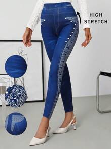 Ellevyn 女士牛仔效果绑带撞色印花紧身裤 - 彩色 - 查看 3