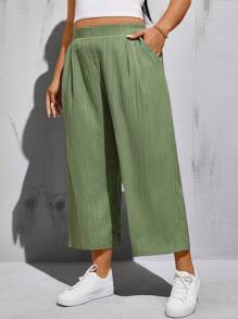 SHEIN Essnce Große Größen Frühlings- und Sommer Mode Lässige locker sitzende bequeme Basic Allround Schlank Textur Stoff elastischer Bund grüne weite Bein Dreiviertel Hosen, einfacher Stil, Damen Unterteil, Arbeitshose, Baggyhose, Urlaubsoutfit - Grün - Übersicht 6