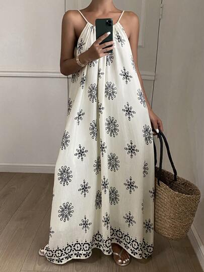 DAZY Ärmlös, lös, mellanlång klänning med blommönster i semesterstil för kvinnor