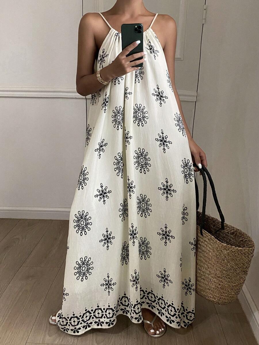 DAZY Vacation Style Floral Print Sleeveless Loose Mid-Length Dress For Women