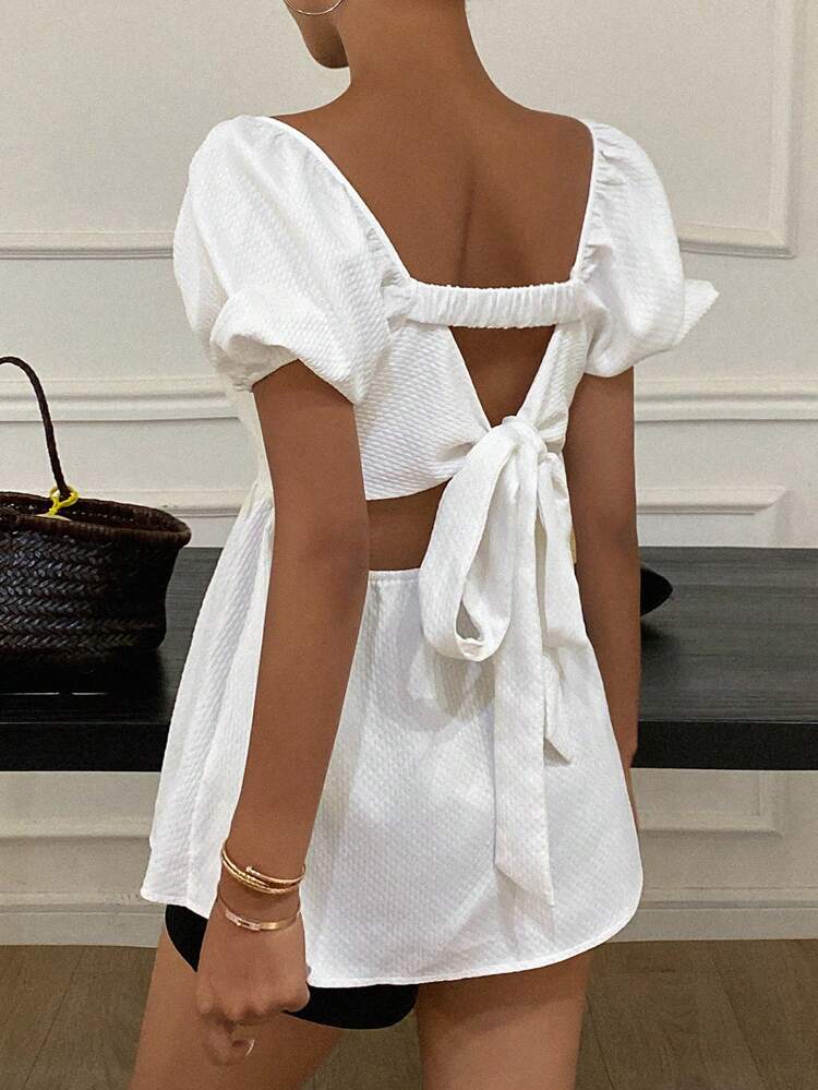 Summer Vacation Style Backless Tie-Strap Puff Sleeve Blouse For Women,Babydoll Top