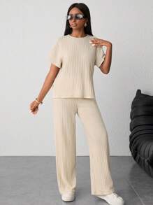 SHEIN 少女针织两件套：休闲短袖上衣和阔腿裤，舒适休闲装，适合日常穿着、夏季/海滩 - 杏色 - 查看 3