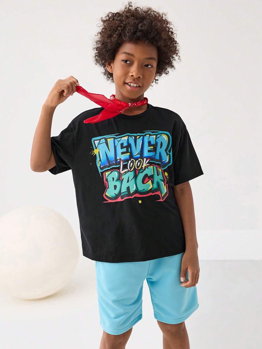 SHEIN Leap Crew Tween Boys' Casual Street Graffiti Letter Print Round Neck Loose Fit T-Shirt With Solid Color Knitted Shorts Set - Multicolor - View 1