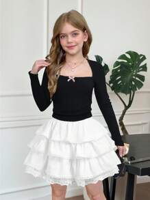 SHEIN 青少年女孩针织纯色圆领荷叶边蝴蝶结修身长袖短款休闲优雅 T 恤，黑色，甜美女孩，少女个性，学院风，返校季 - 黑色 - 查看 1