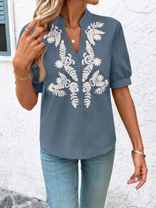 SHEIN Clasi V-Neck Regular Shoulder Mid-Sleeve Casual Eyelet Embroidery Blouse For Women - Teal Blue - View 5