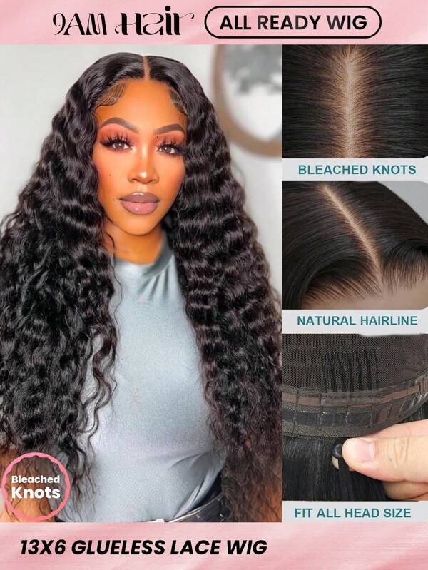 ALL READY WIG Drawstring Wigcap Fit All Head Size Glueless 13x6 Deep Wave Wigs Human Hair Pre Plucked Transparent Lace Bleached Knots Wigs 180% Density Human Wigs With Baby Hair For Women