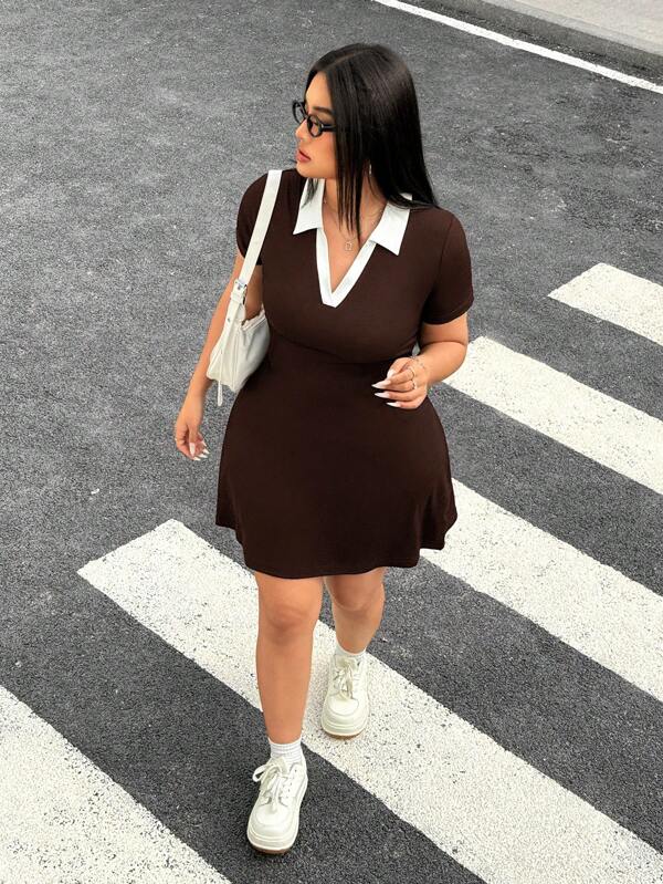 SHEIN EZwear Plus Size Women Short Sleeve Casual Mini Dress With Contrasting Color Collar,Summer Vacation Dress,Business Casual Woman,Dresses For Women,Club Outfit,Airport Outfit For Women,Teacher Outfits For Women,Vacation Outfits Woman,Mesh, Cheetah Print Dress Plus Size Casual Dress Curve Casual Dress,Back To School