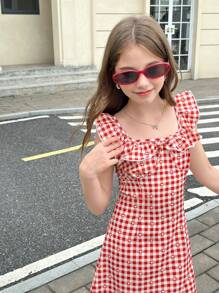 Wildeya Vestido de verano para niña, con detalles de tartán vintage, silueta ajustada y ceñida al Body, diseño de cuello elegante que muestra una estética grácil, ideal para salidas y fotos, ¡una prenda que encantará a las niñas preadolescentes!