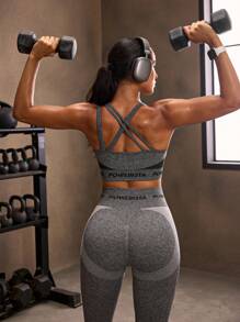 Powerista Sutien sport cu imprimeu de litere și spate încrucișat pentru femei - Gri - Vizualizare 6