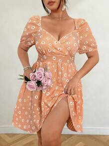 Celure Plus Size Women's Floral Print Scoop/Sweetheart Neck Puff Sleeve Romantic Vacation Dress, Textured Fabric