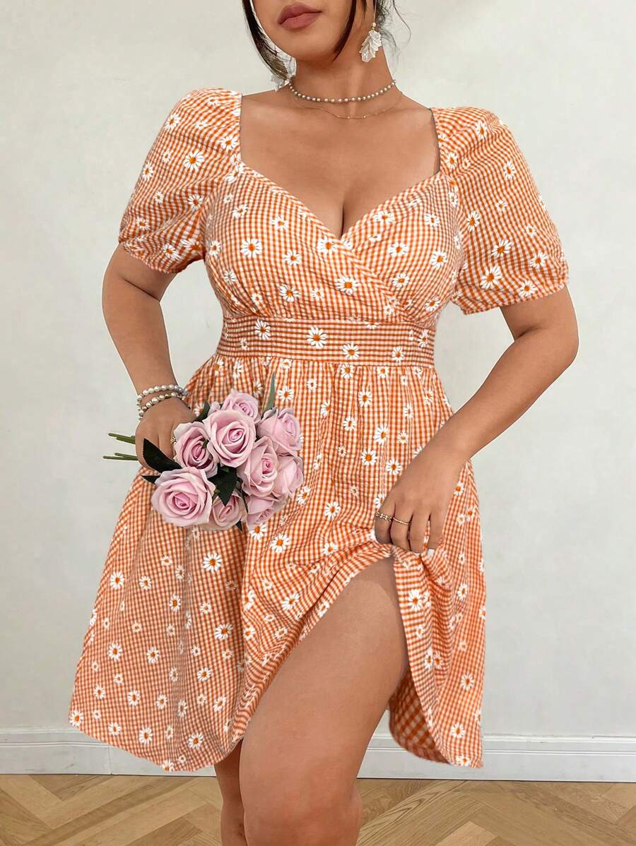 Celure Plus Size Women's Floral Print Scoop/Sweetheart Neck Puff Sleeve Romantic Vacation Dress, Textured Fabric