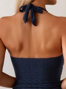 Swim Lushoire 女士夏季度假休闲沙滩两件套，纯色海军蓝色吊带比基尼泳装 - 藏蓝色 - 查看 4