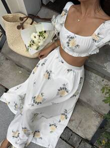 Lyxana Set de 2 piezas para mujer con Top y falda con estampado de flores amarillas, ribete de encaje y lazo en los puños - Multicolor - Ver 6
